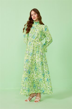 Flora Kemerli Elbise - Yeşil