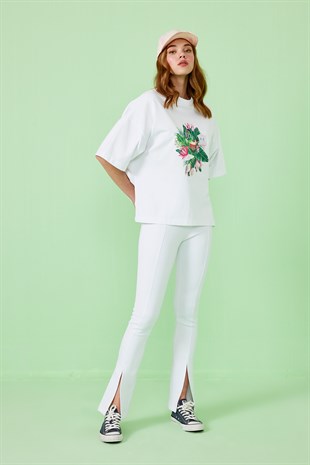 Oz Botanica İki İplik Baskılı T-Shirt - Beyaz